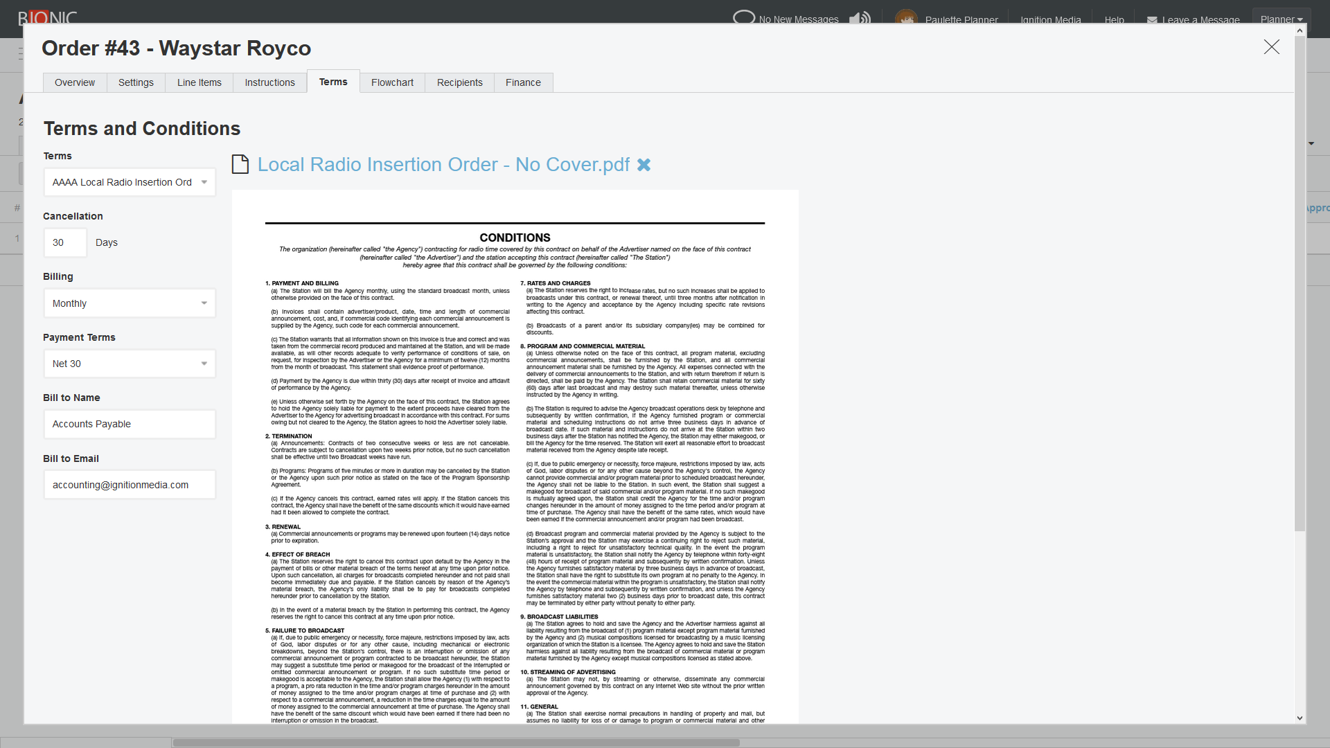 computer interface showing advertising insertion order terms and conditions