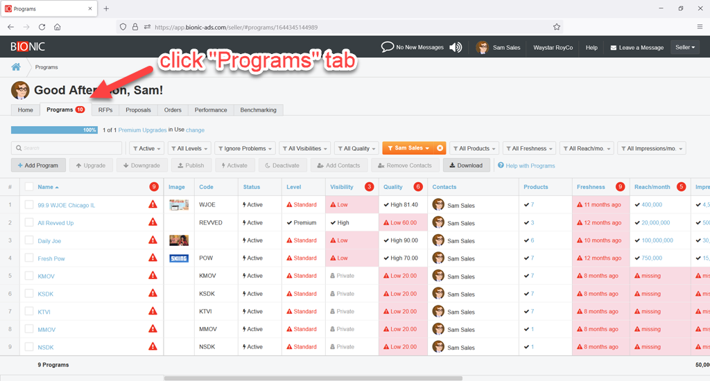 Bionic for Ad Sales Programs Listing