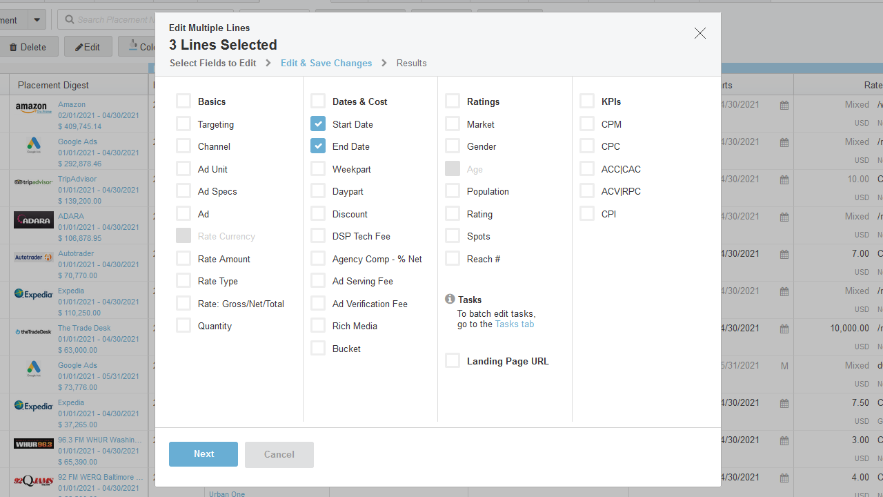 batch edit media plan