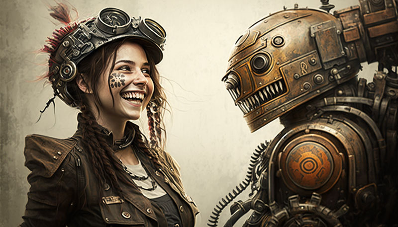 woman and robot laughing together steam punk