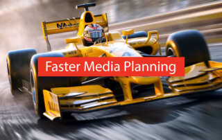"Faster Media Planning" title on race car background