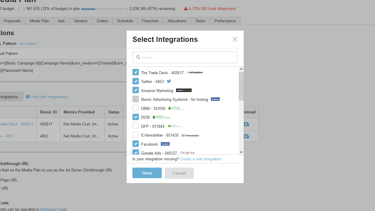 Computer interface displaying advertising KPI media planning integrations.