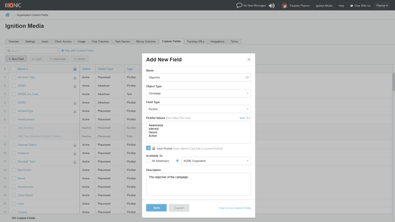 computer interface for adding a new field to a media planning system