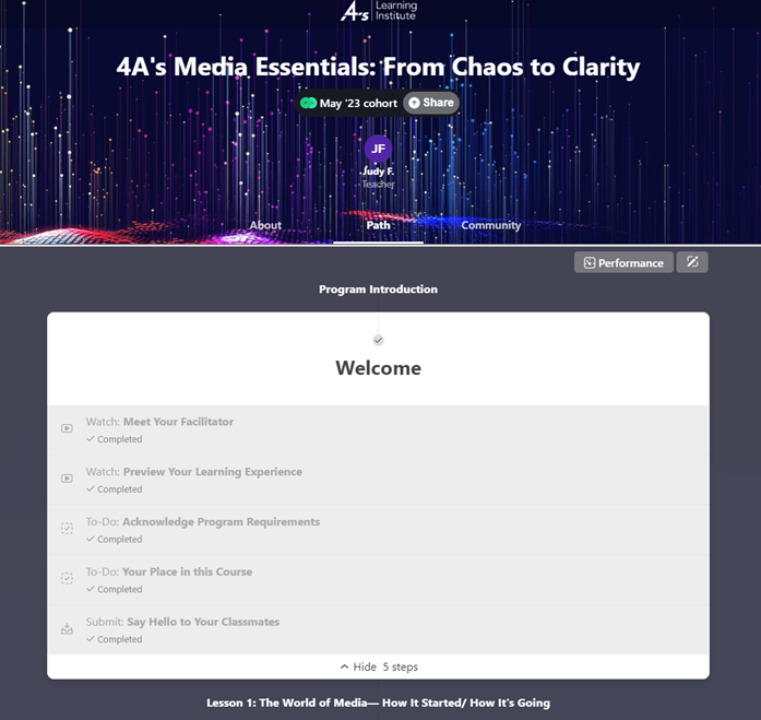screenshot of the 4A's Media Essentials learning portal.