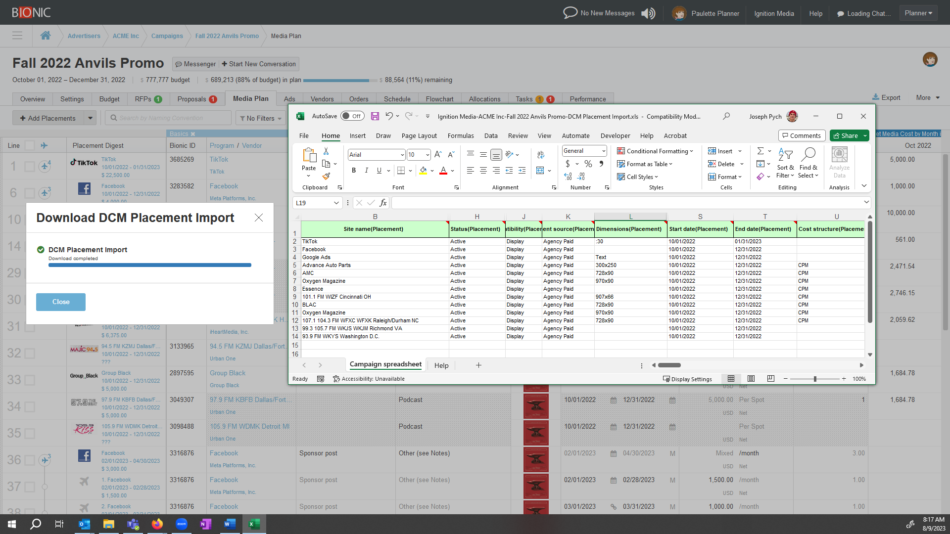 screenshot of CM360 (DCM) bulk upload sheet