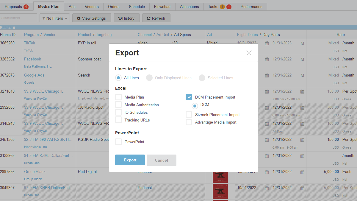 screenshot of tool to export to CM360 (DCM)