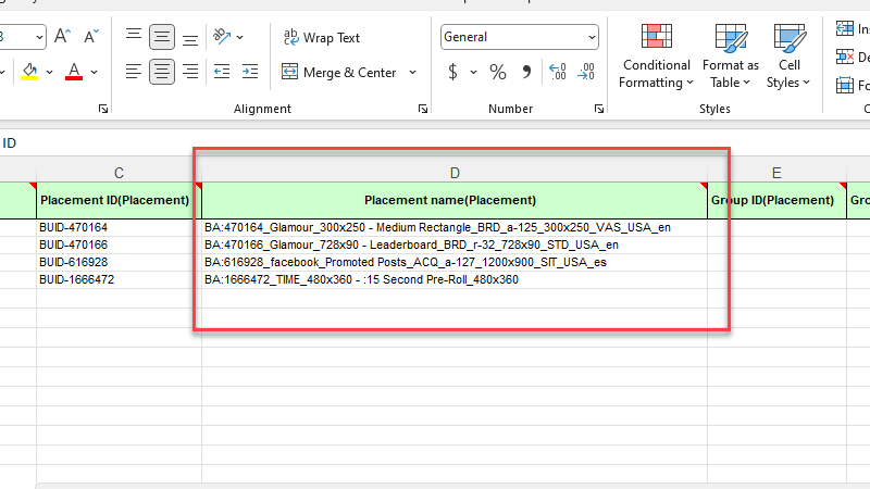 screenshot of placement naming conventions exported to CM360 trafficking sheet