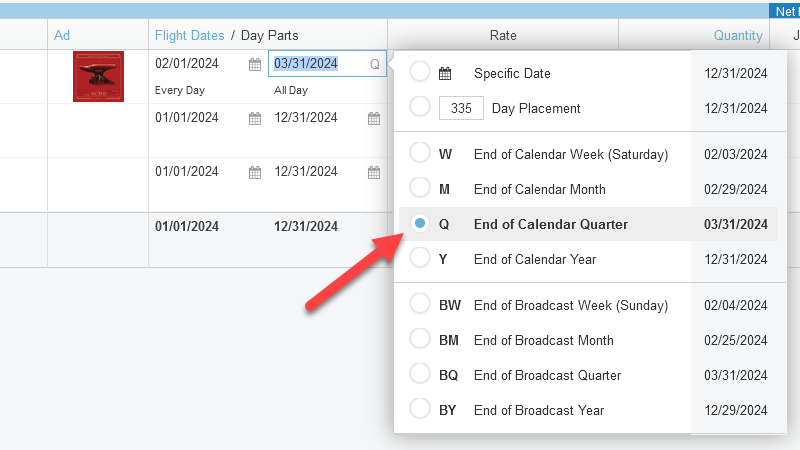 a screenshot showing an end date tool in a media plan.