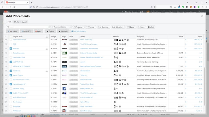 Screenshot of AI-powered Media Recommender in Bionic’s Media Plan Builder Tool.