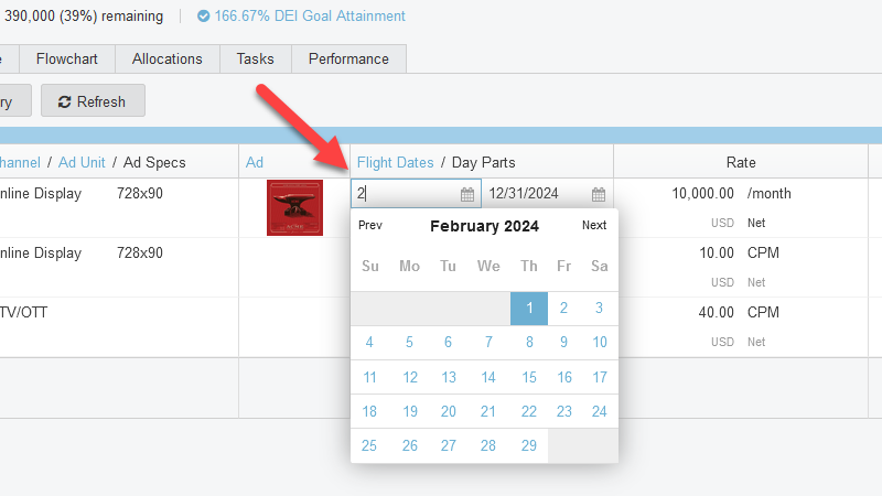 a screenshot of a placement date in a media plan