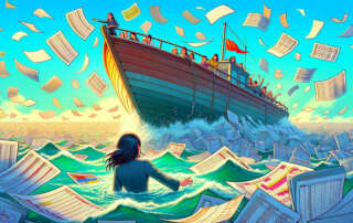 an imaginary depiction of a media planner being rescued from drowning in a sea of spreadsheets