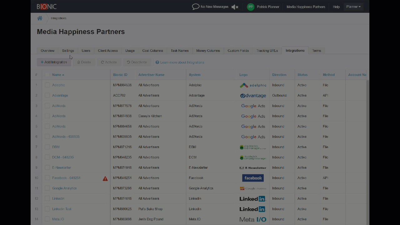 GIF showing the Integrations tab in Bionic with options to add integrations.