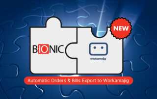 Bionic and Workamajig logo puzzle pieces joining together with a 'NEW' red badge and the text 'Automatic Orders & Bills Export to Workamajig' displayed below.