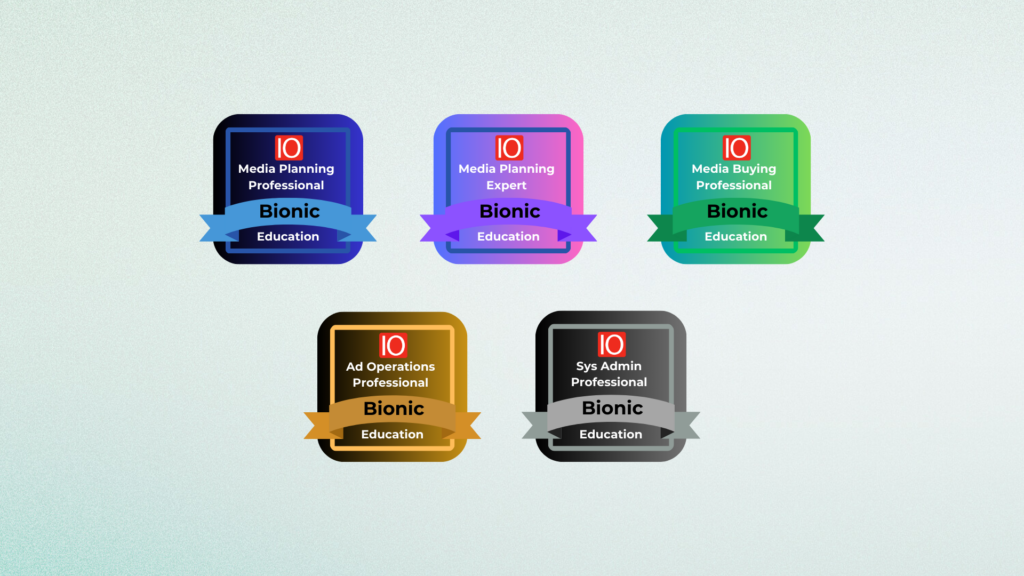 A set of five digital badges for Bionic Education certifications: Media Planning Professional, Media Planning Expert, Media Buying Professional, Ad Operations Professional, and Sys Admin Professional