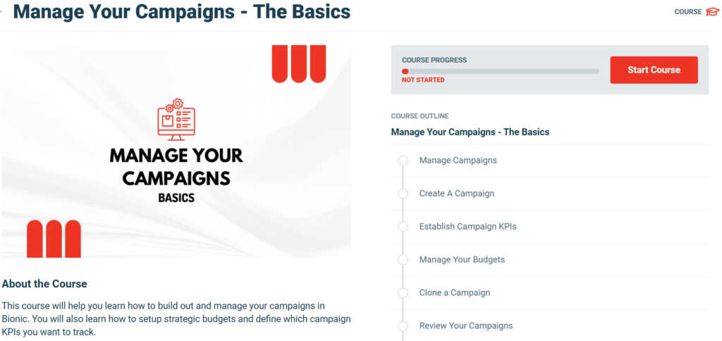 A screenshot of the course "Manage Your Campaigns" in Bionic Academy.
