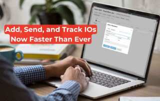 Person using Bionic software on a laptop to add a recipient to an insertion order, with on-screen modal and tagline reading 'Add, Send, and Track IOs Now Faster Than Ever.