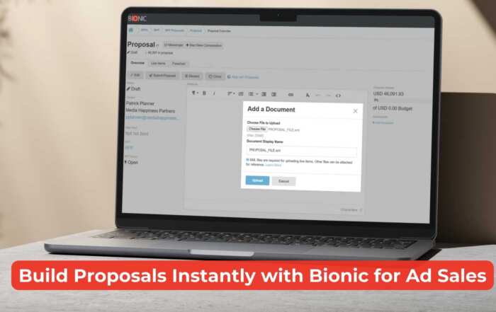 Bionic for Ad Sales interface showing a proposal overview screen where users upload a Proposal XML file to automatically build proposal line items.